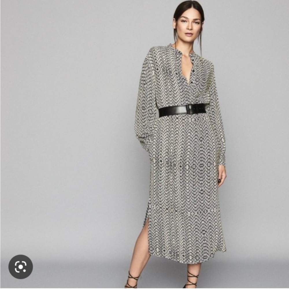 Reiss Black and Cream Printed Midi Dress